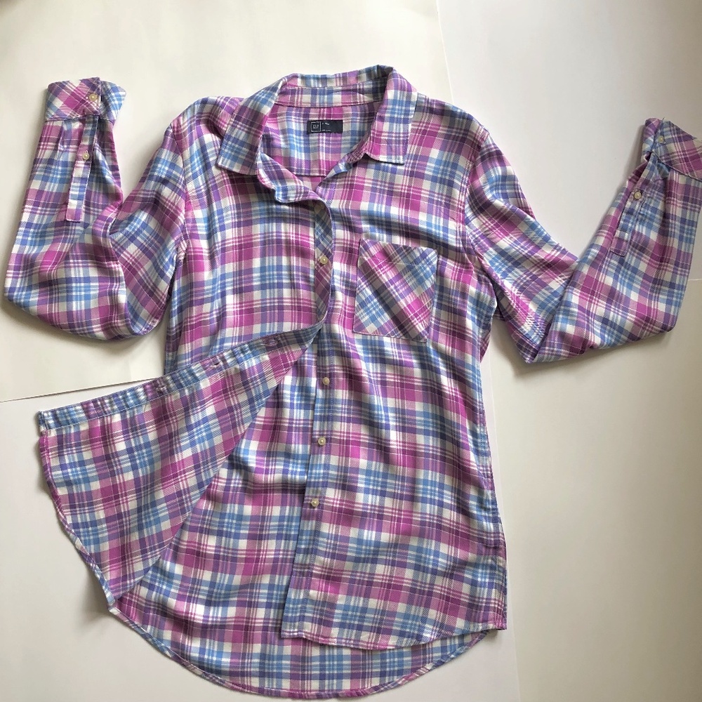 NWOT GAP  Plaid Blouse in Pink, Blue & White, Tall Medium